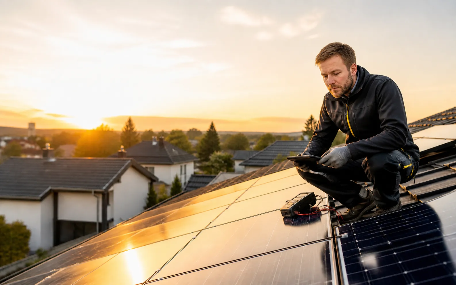 Photovoltaik-Service bei warmem Abendlicht