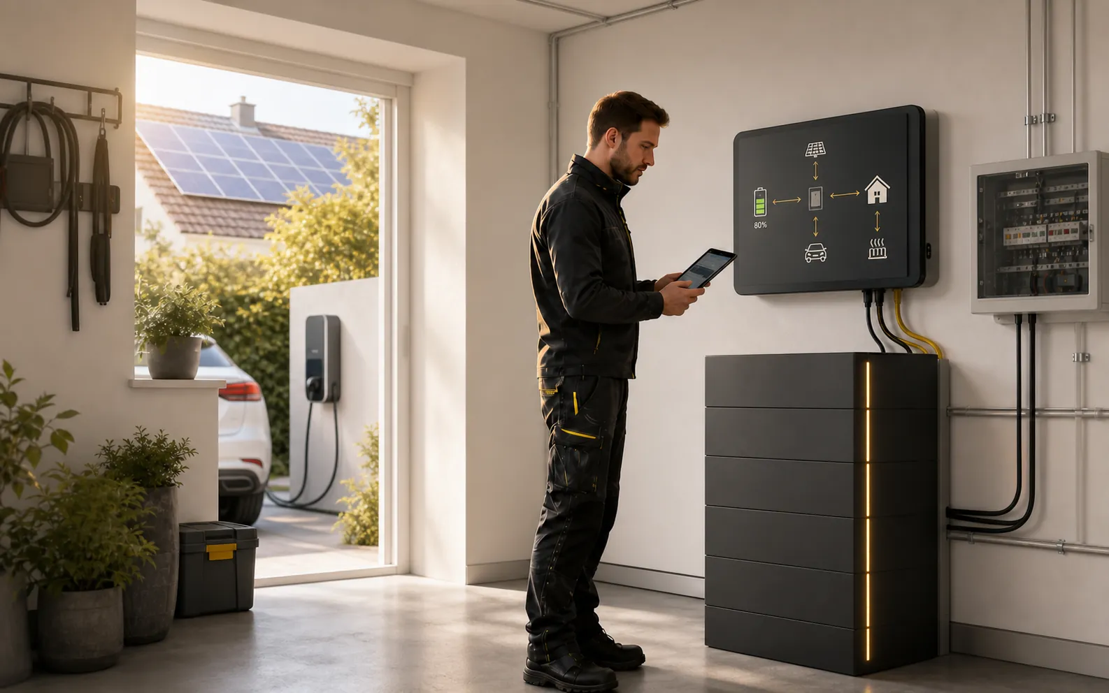 Techniker analysiert Energieflüsse einer Solaranlage auf einem Tablet