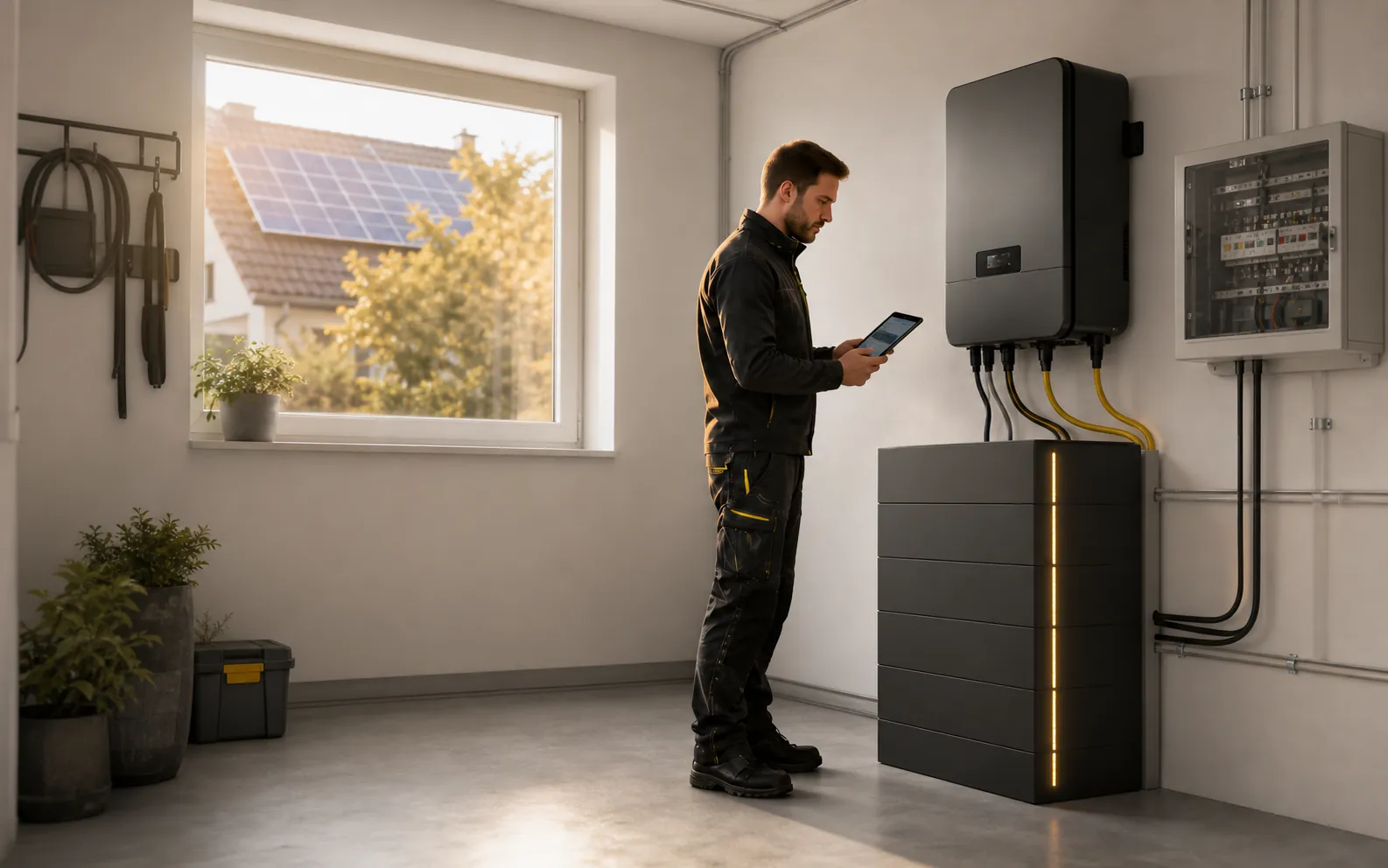 Techniker prüft einen Stromspeicher neben einer Photovoltaikanlage